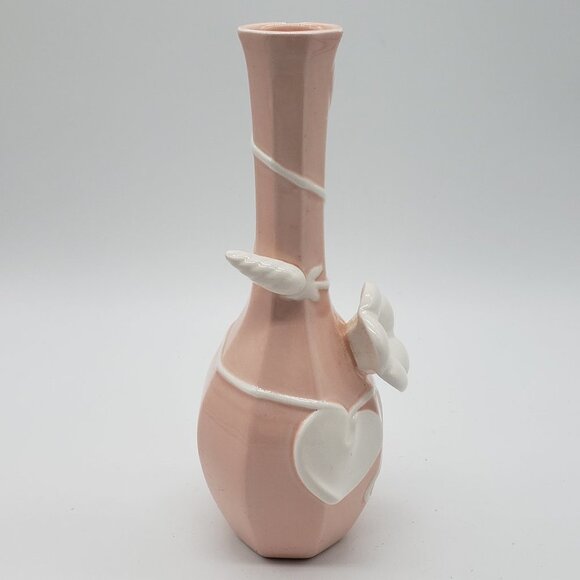 Fitz & Floyd 1982 Ceramic Peach Pink Pastel 3D White Applied Florals Bud Vase - Picture 7 of 10